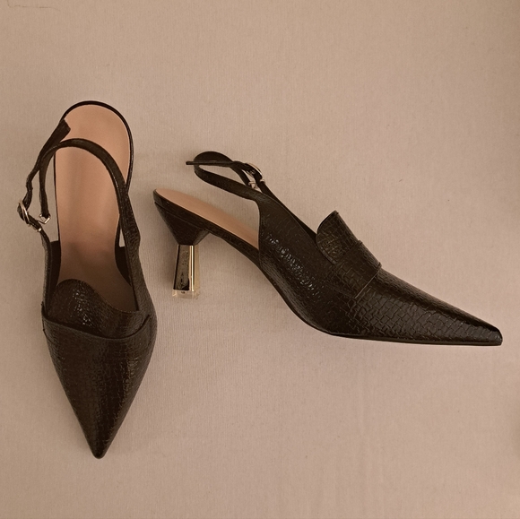 NEW Black Faux Patent Leather Embossed W/Gold & Acrylic Heels, Sz 41 (US 10) - Picture 9 of 16